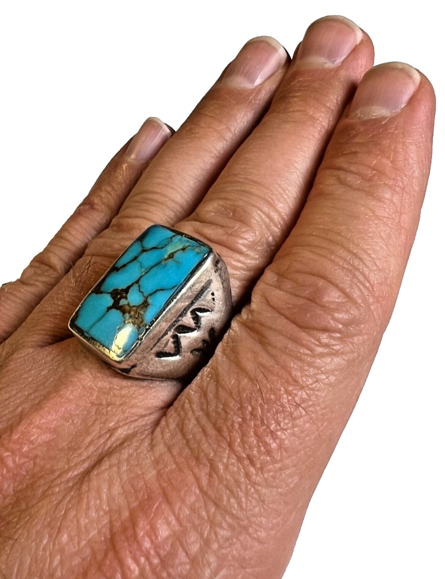 Vintage Navajo Sterling Silver & Large Rectangular Turquoise Cabochon Ring sz 11