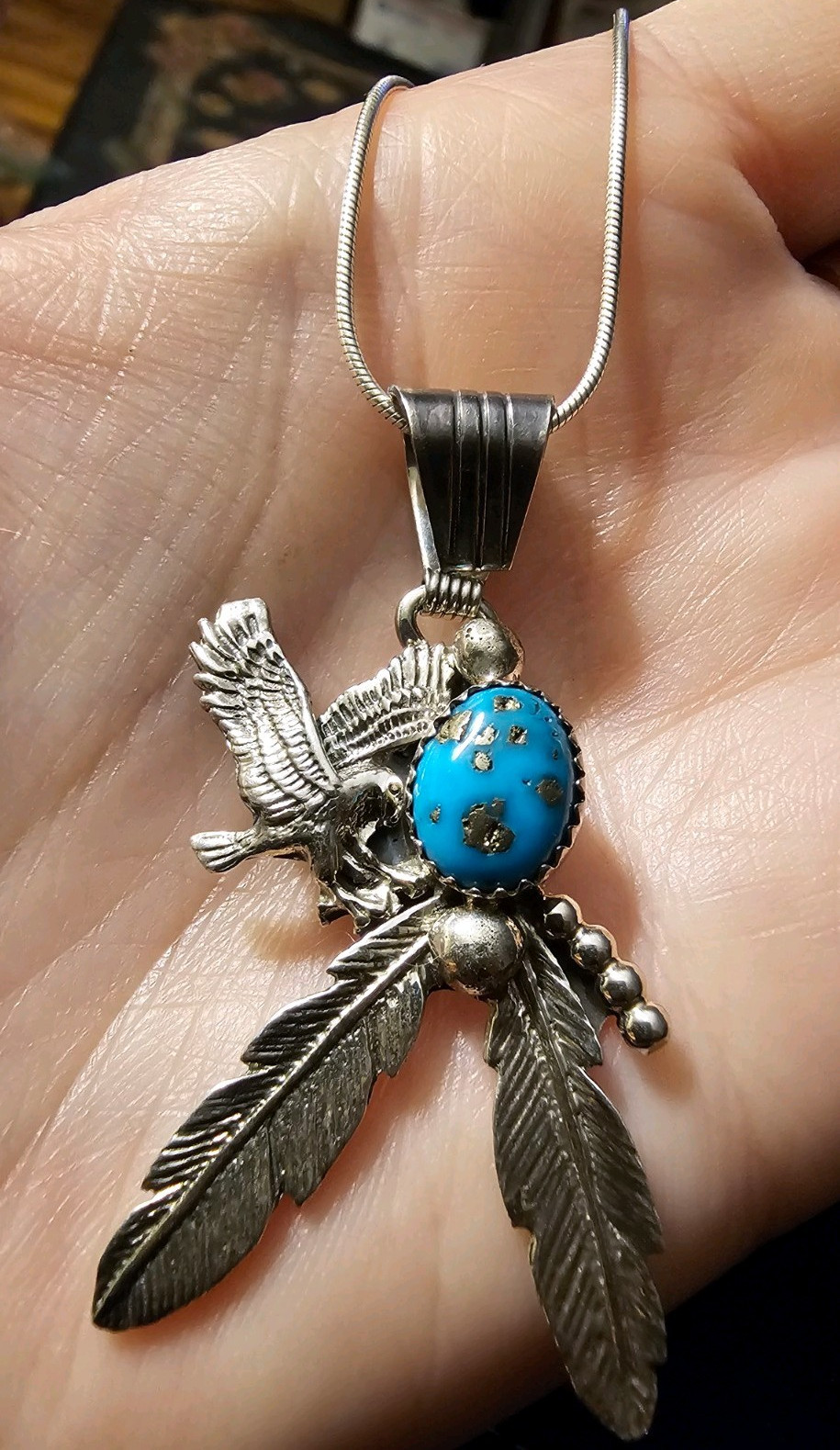 Running Bear RB 925 Sterling Silver Eagle Feather Turquoise Pendant Necklace 20″