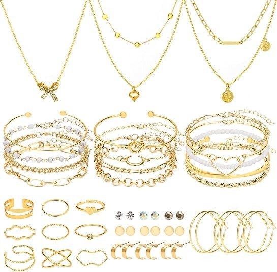 NEWITIN 49 Pieces Gold Jewelry Set for Women Fashion Costume Jewelry Gold Plated