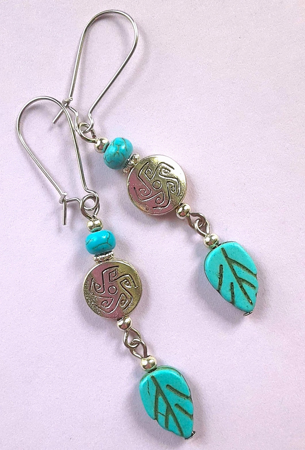 BLUE HOWLITE LEAF Medallion earring KIDNEY WIRE handcrafted SP #DMX