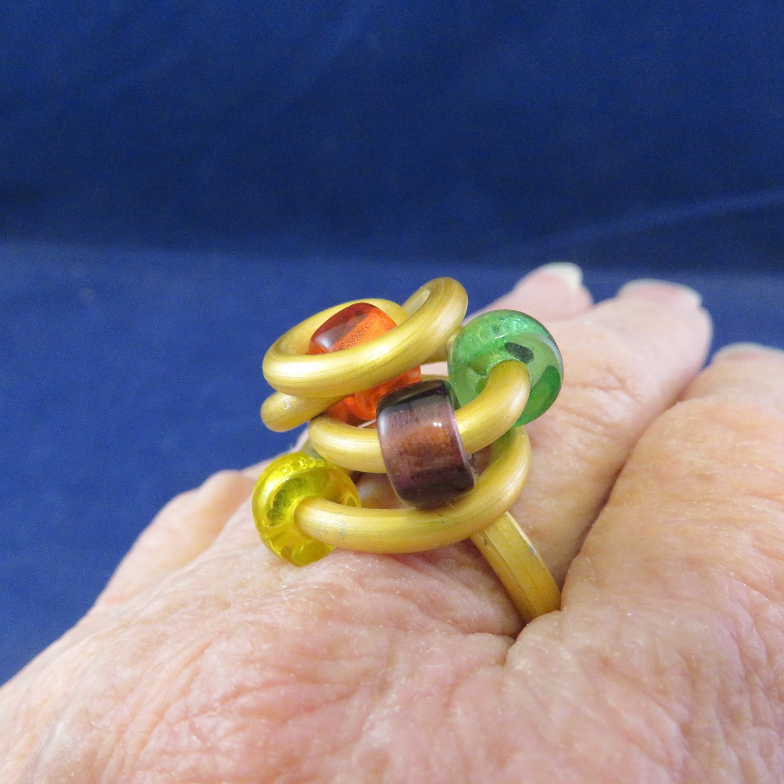 Fun Ring Golden Color Coated Thick Wire Sz. 7 w 5 Colorful Beads (1187)