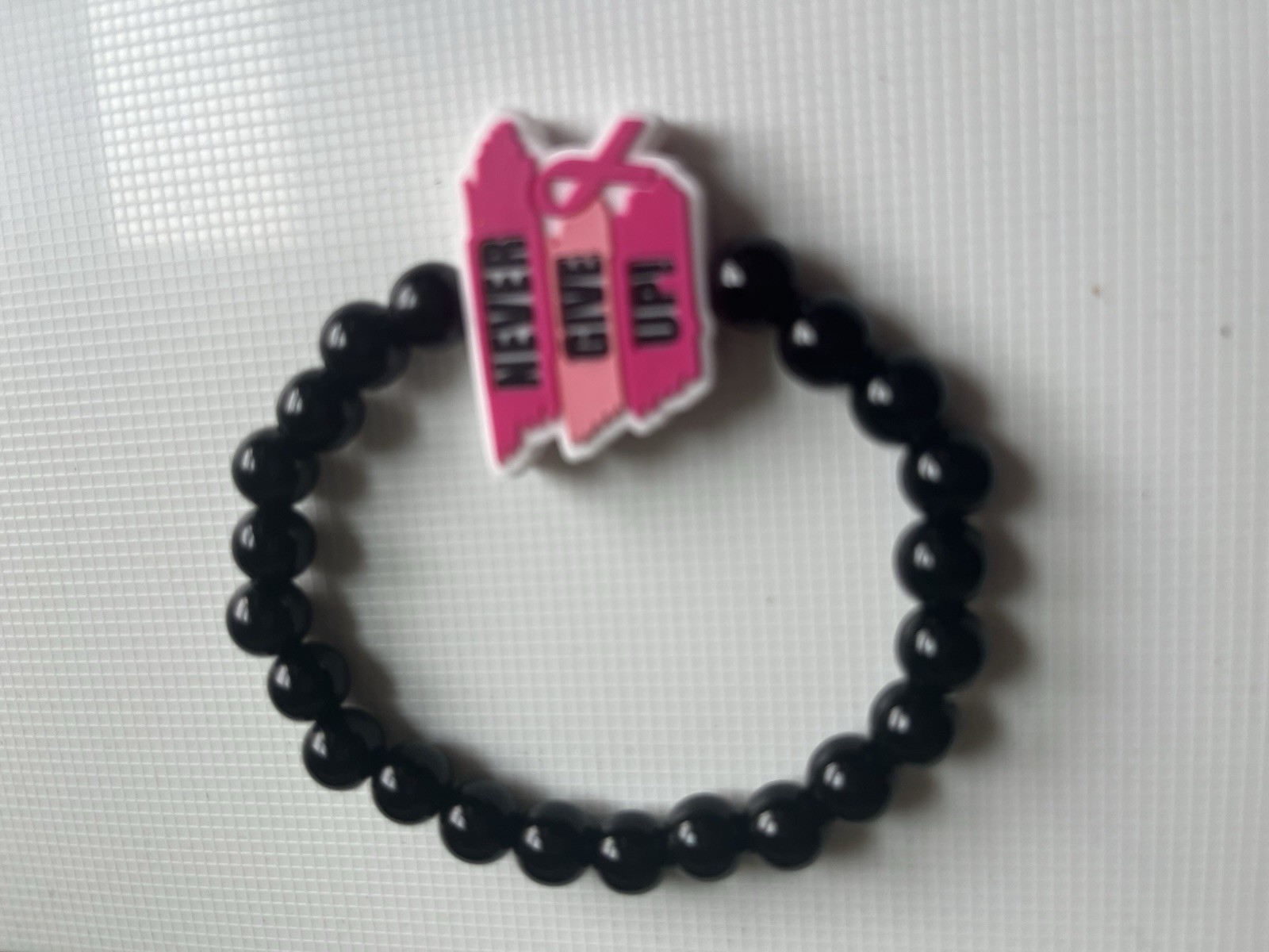 Black & Pink Plastic Beaded Stretch Bracelet, Sizable, Awareness Dangle Charm