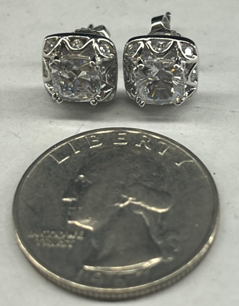 Tacori Sterling Silver Cushion Cut CZ Stud Earrings 10mm Long & Wide 3.2 grams