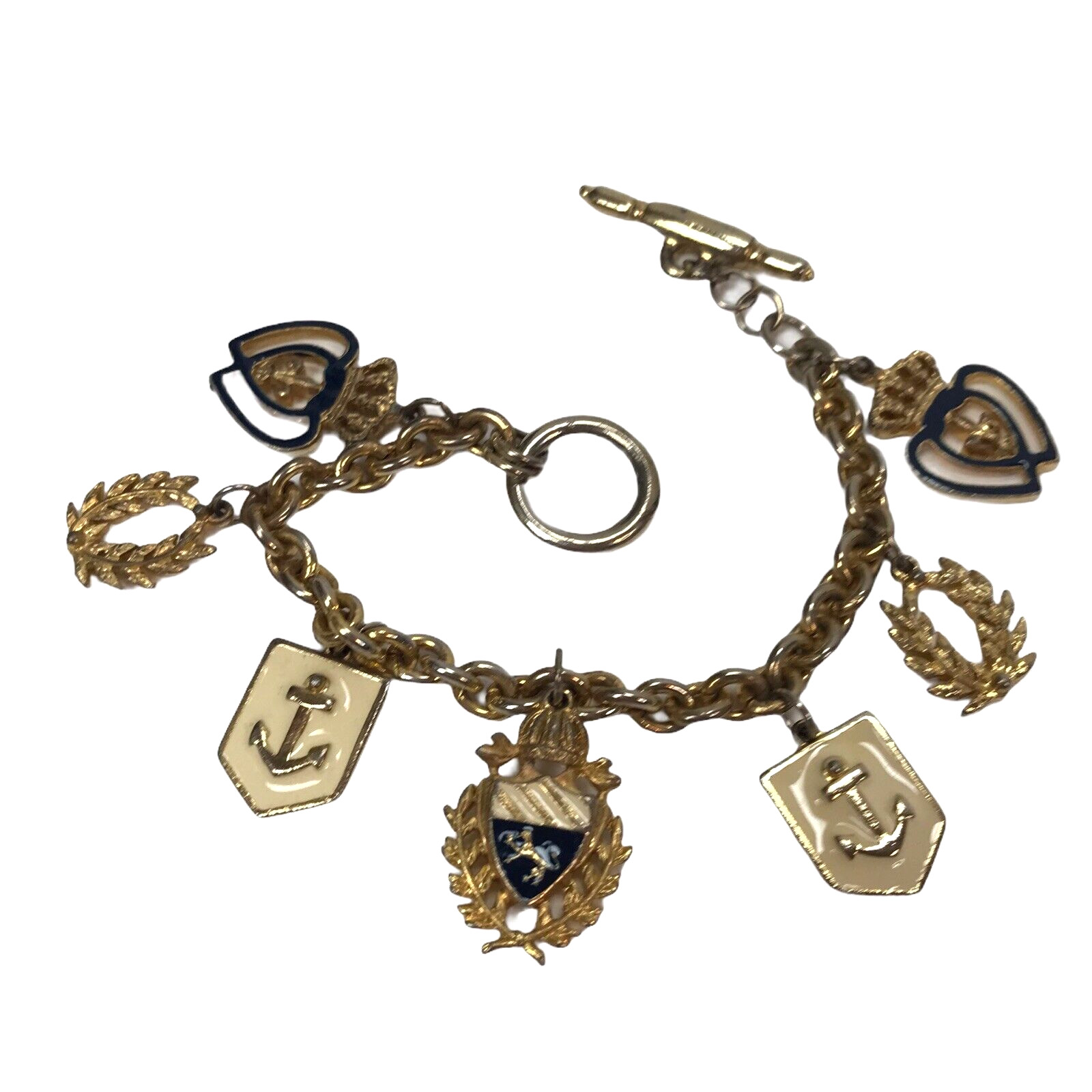 Vintage Charm Bracelet Nautical Crest Crown Anchor Retro beach metal enamel