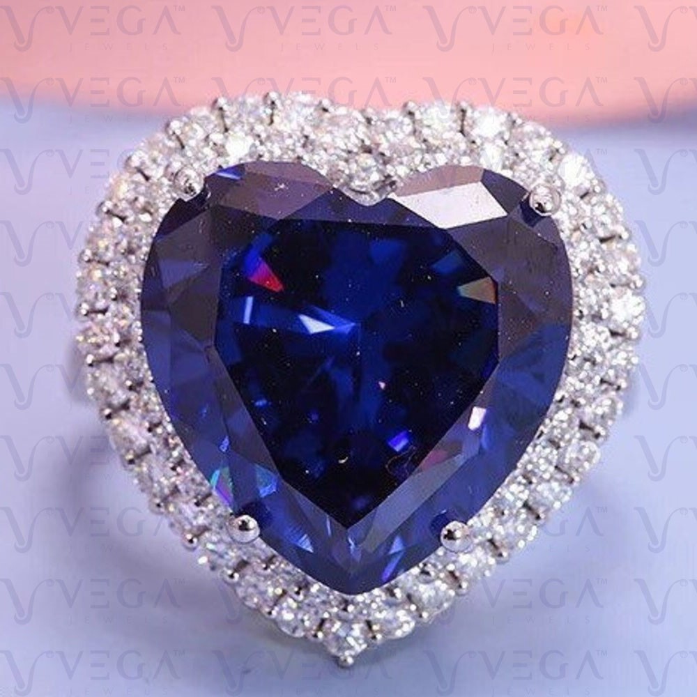 5.99Ct Heart Shape Natural Sapphire & Diamond Wedding Ring 18K White Gold Plated