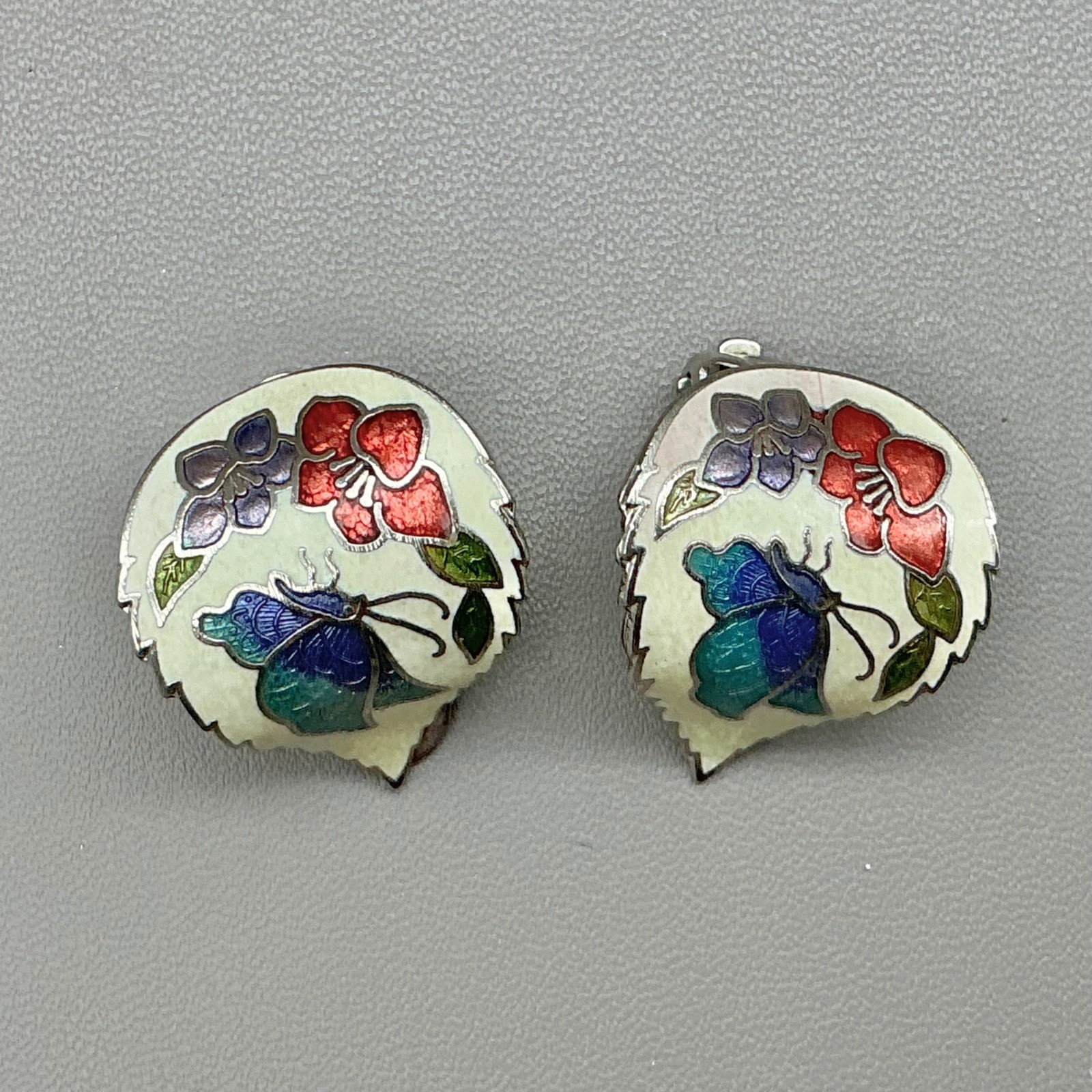 Earrings Womens Silver Tone Vintage Cloisonne Enamel Butterfly Floral 1 Inch