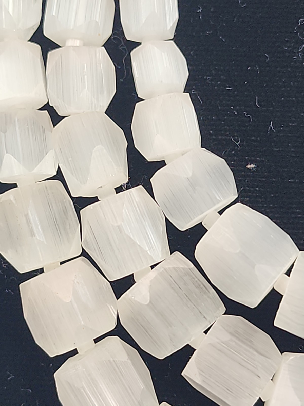 Vintage Czech Glass Triple Strand Necklace Pentagon Faceted White Satin Atlas