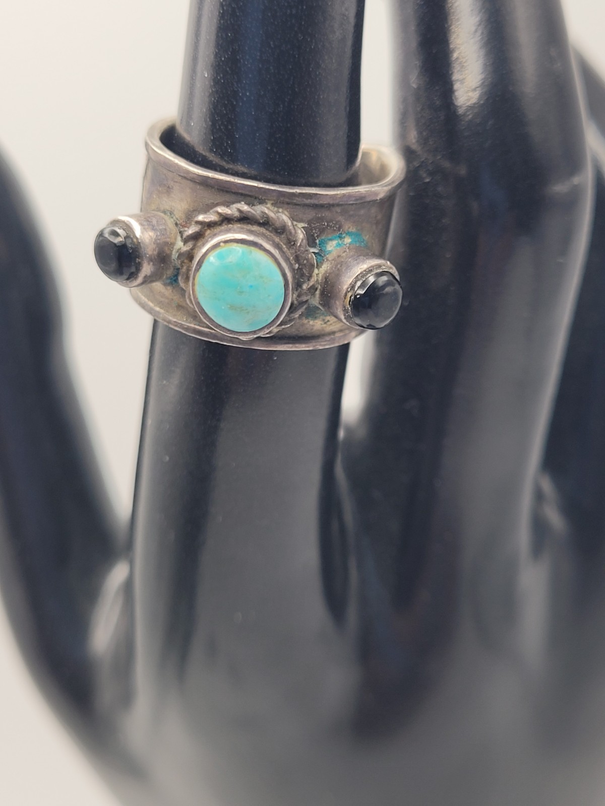 925 Sterling Thailand Ring Size 6 Adj Turquoise Handmade Wide Band One of a Kind