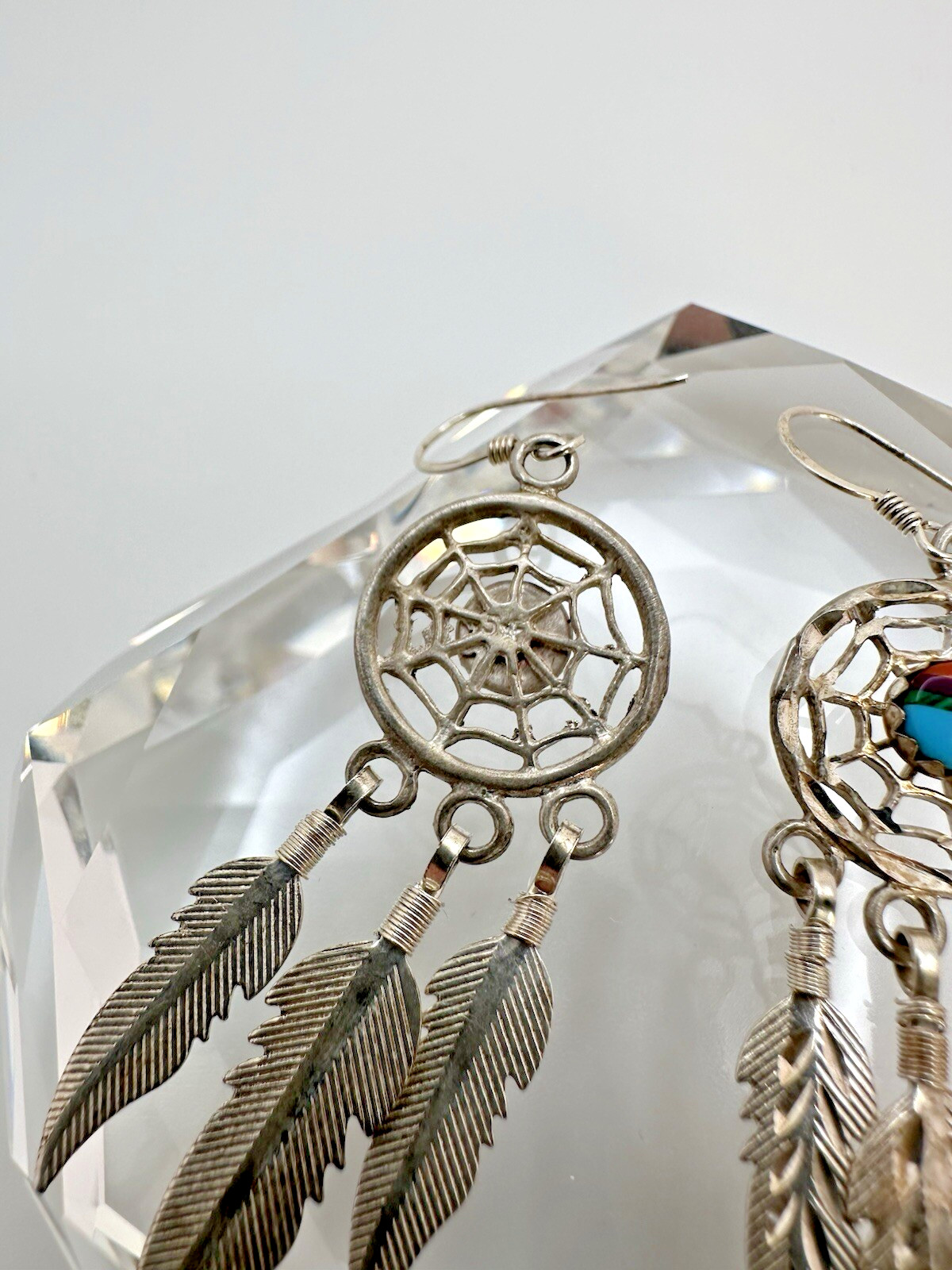 Vintage Sterling Silver Native American Dream Catcher Dangle Earrings 6.6cm JB22
