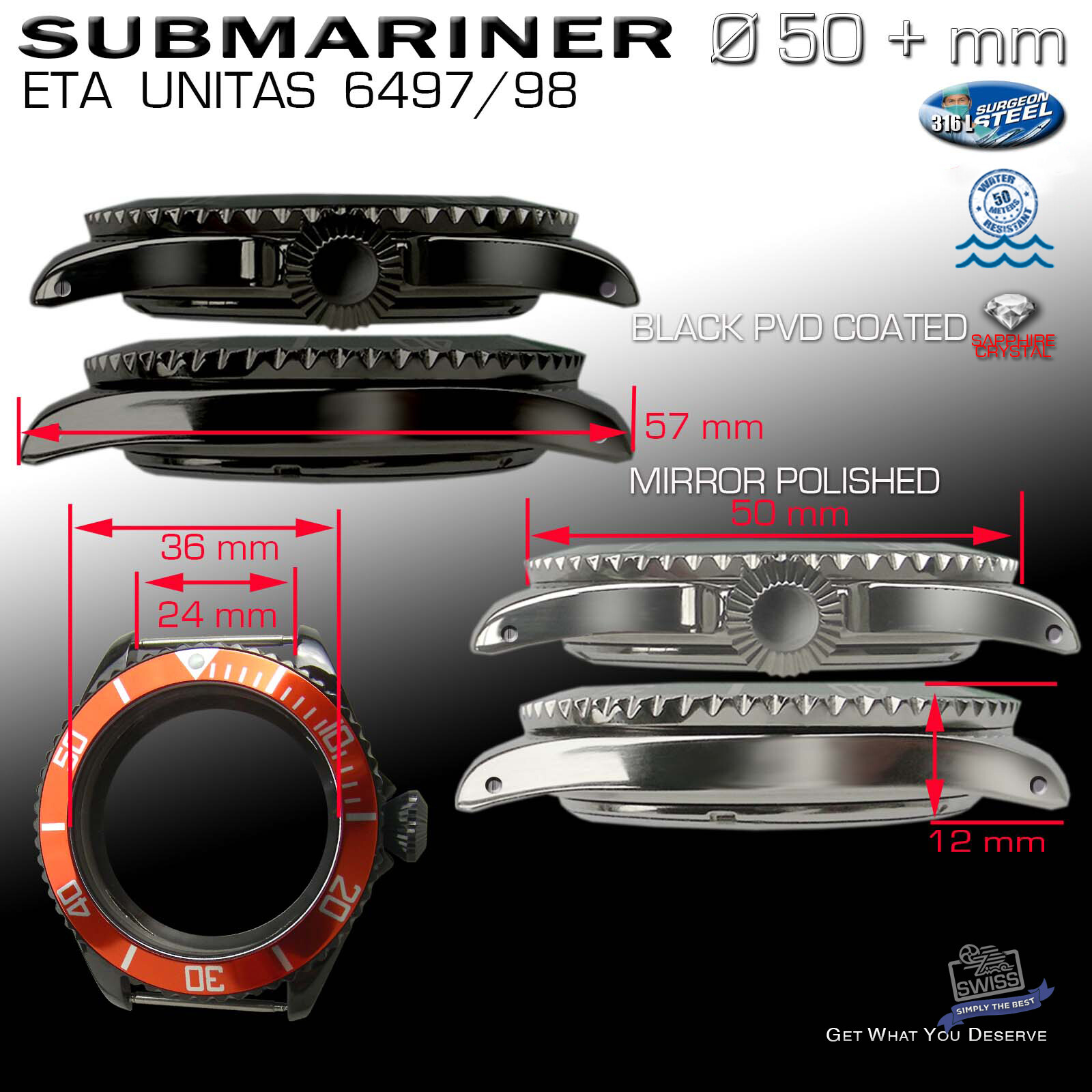 SUBMARINE CASE Ø 50 MM FOR MOVEMENT ETA UNITAS 6497/6498, ST-STEEL OR BLACK PVD