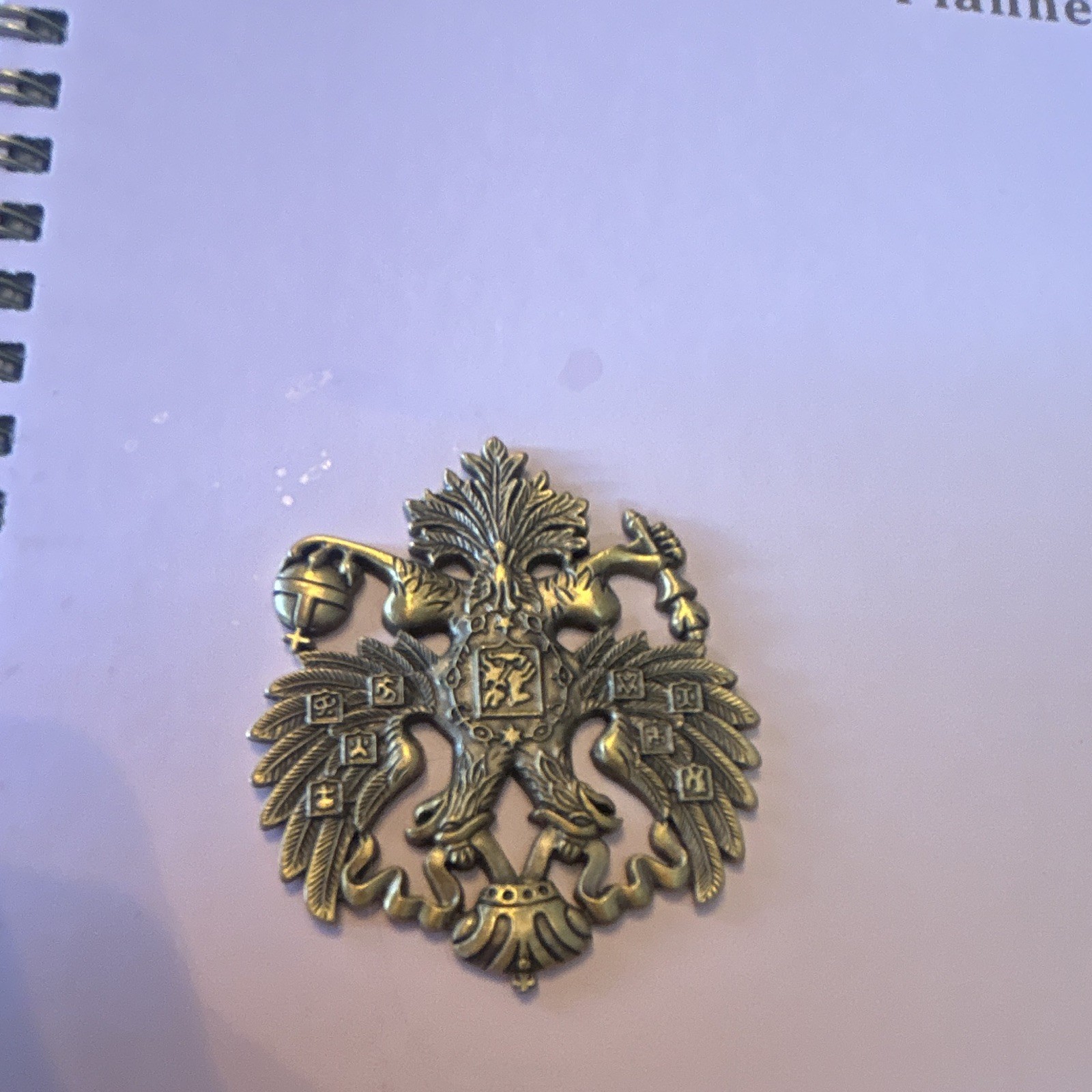 Brass Gold Tone Double-Headed Eagle Crest Heraldic Coat of Arms Brooch