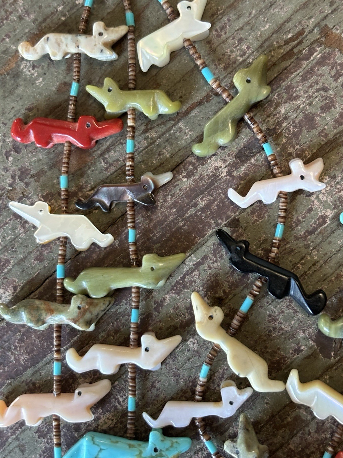 Gorgeous Zuni 3 Strand Turquoise Coral Jet Fetish Necklace Vintage Heishi