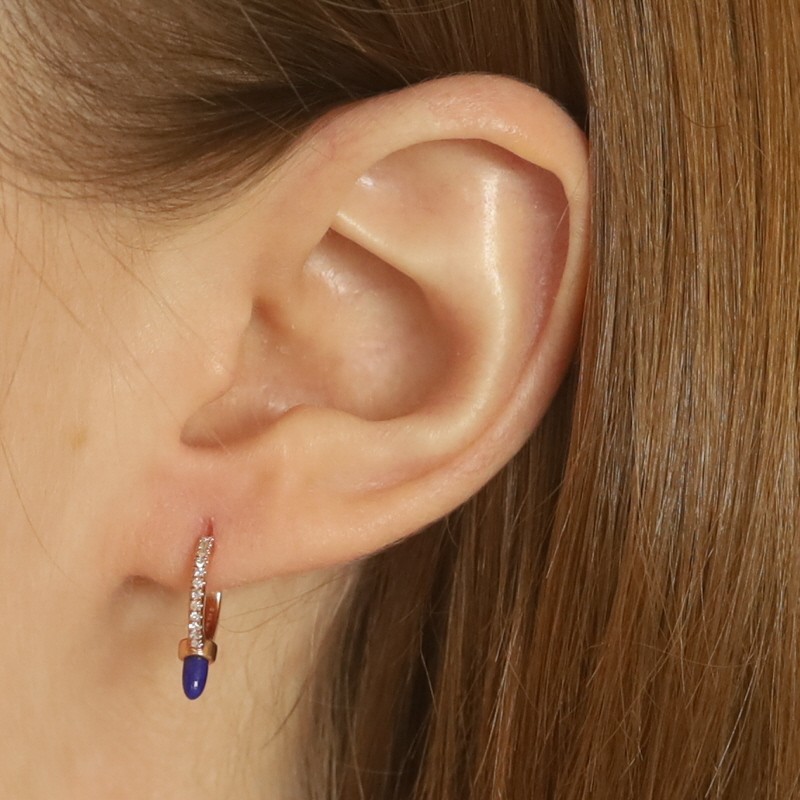 Rose Gold Lapis Lazuli & Diamond Huggie Hoop Earrings – 14k Bullet Cab .12ctw