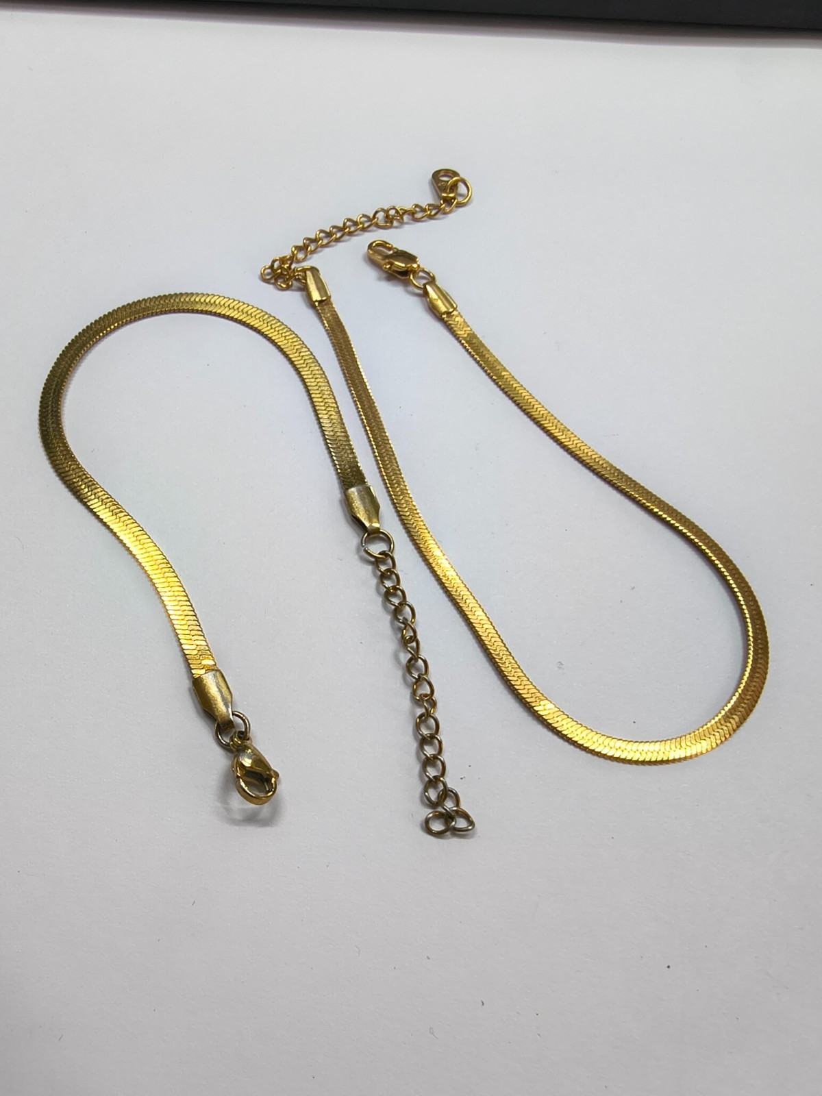2 Gold Herringbone Bracelets 18K Gold Plated 22.5cm & Gold Tone 17.5cm