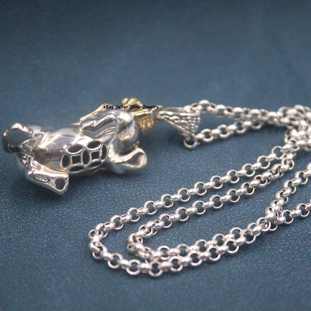 Real S925 Sterling Silver Lucky Coin Two Tone Dragon Pixiu Pendant 43*18mm