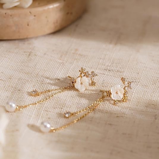 Aretes Largos de Cadena Flor dorado 14K para Mujer o Dama de Honor