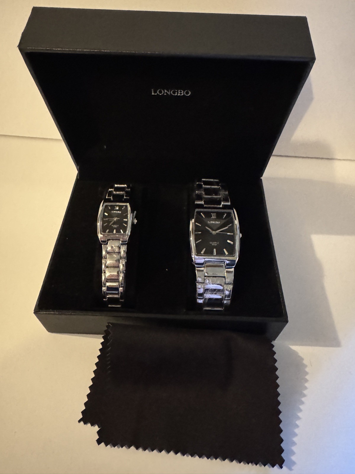 New in Box Longbo Men’s & Ladies Matching Luxury Crystal Wrist Watch Set Silver