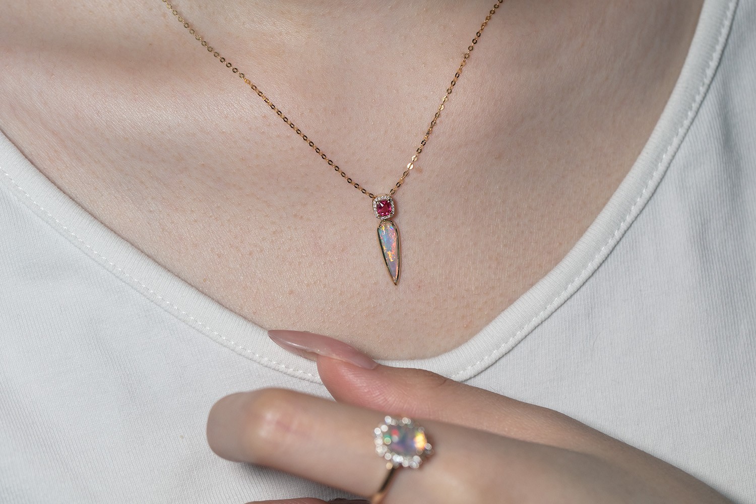 Pink Spinel & Australian Solid Opal Diamond Necklace in 14K Gold