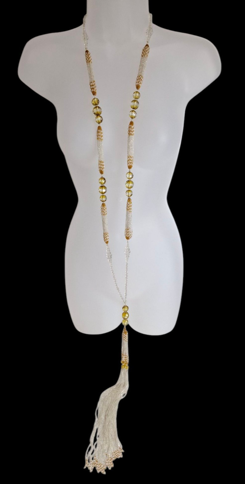 Vintage Glass Bead Sautoir Necklace Clear Flapper Art Deco Tassel Fringe 52”