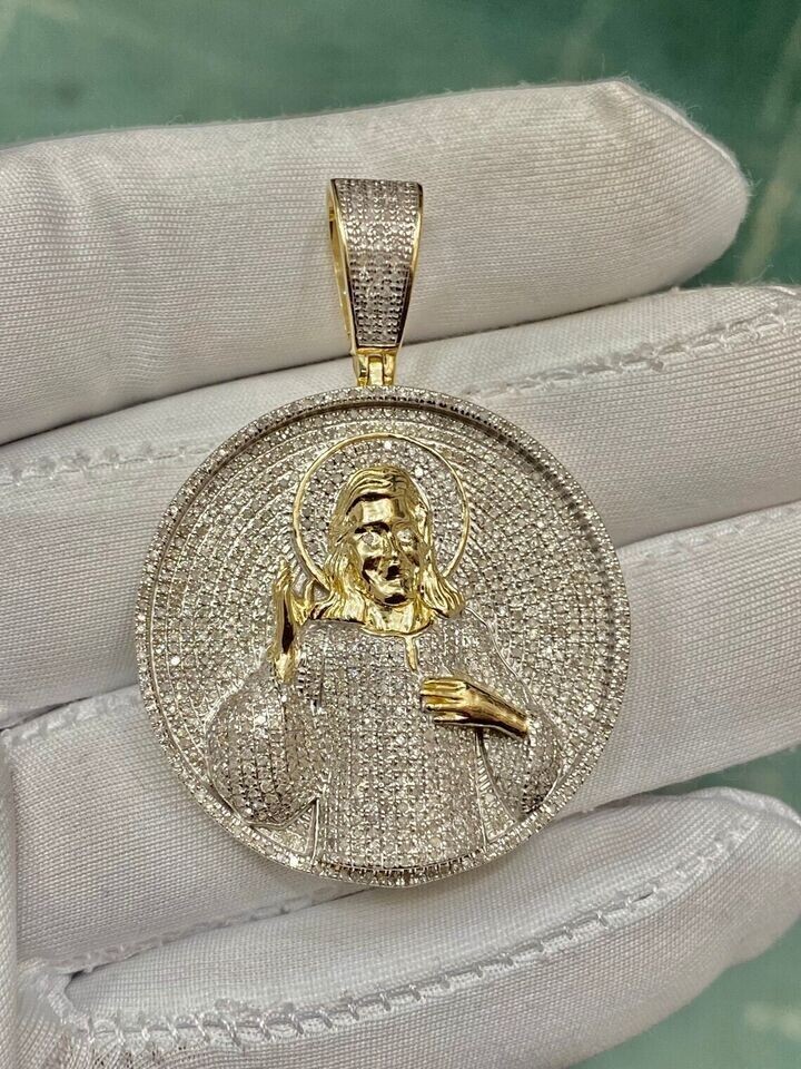 1.80Ct Round Real Moissanite Jesus Head Face Pendant 14K Yellow Gold Plated