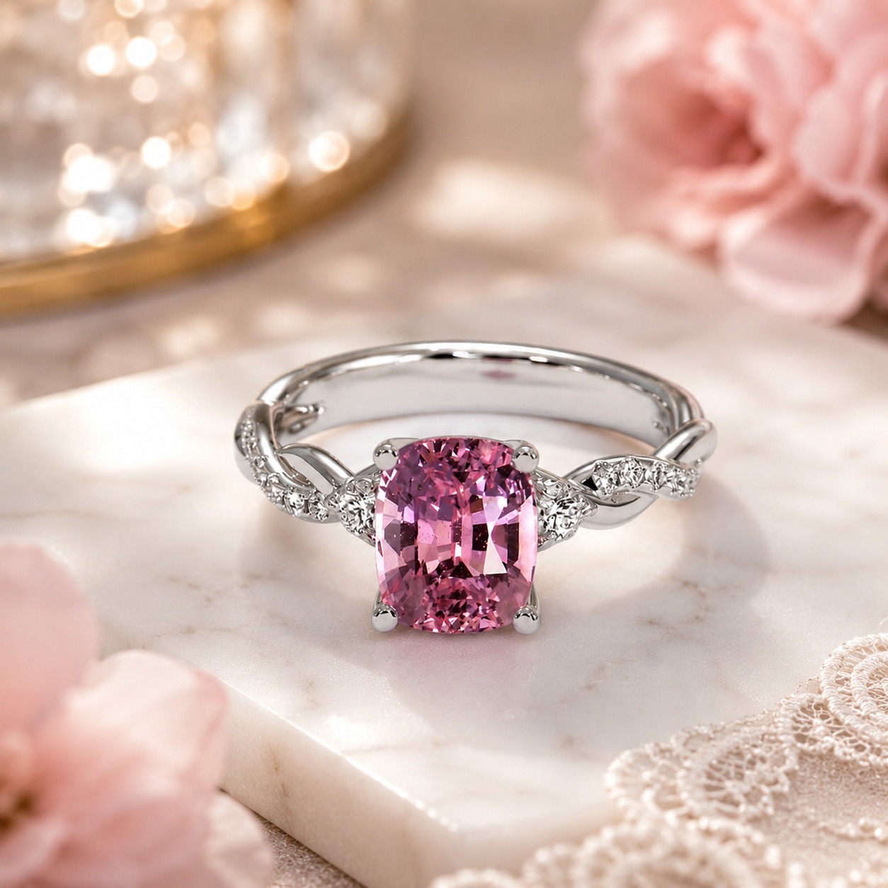 Natural Pink Sapphire & Diamond Wedding Gift Ring 14k White Gold (Import Free)