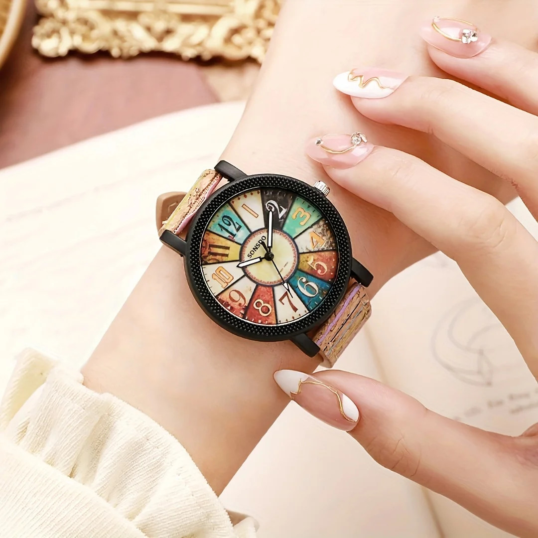 Vintage Wood Grain Women’s Watch Color Block Fashion Analog PU Leather