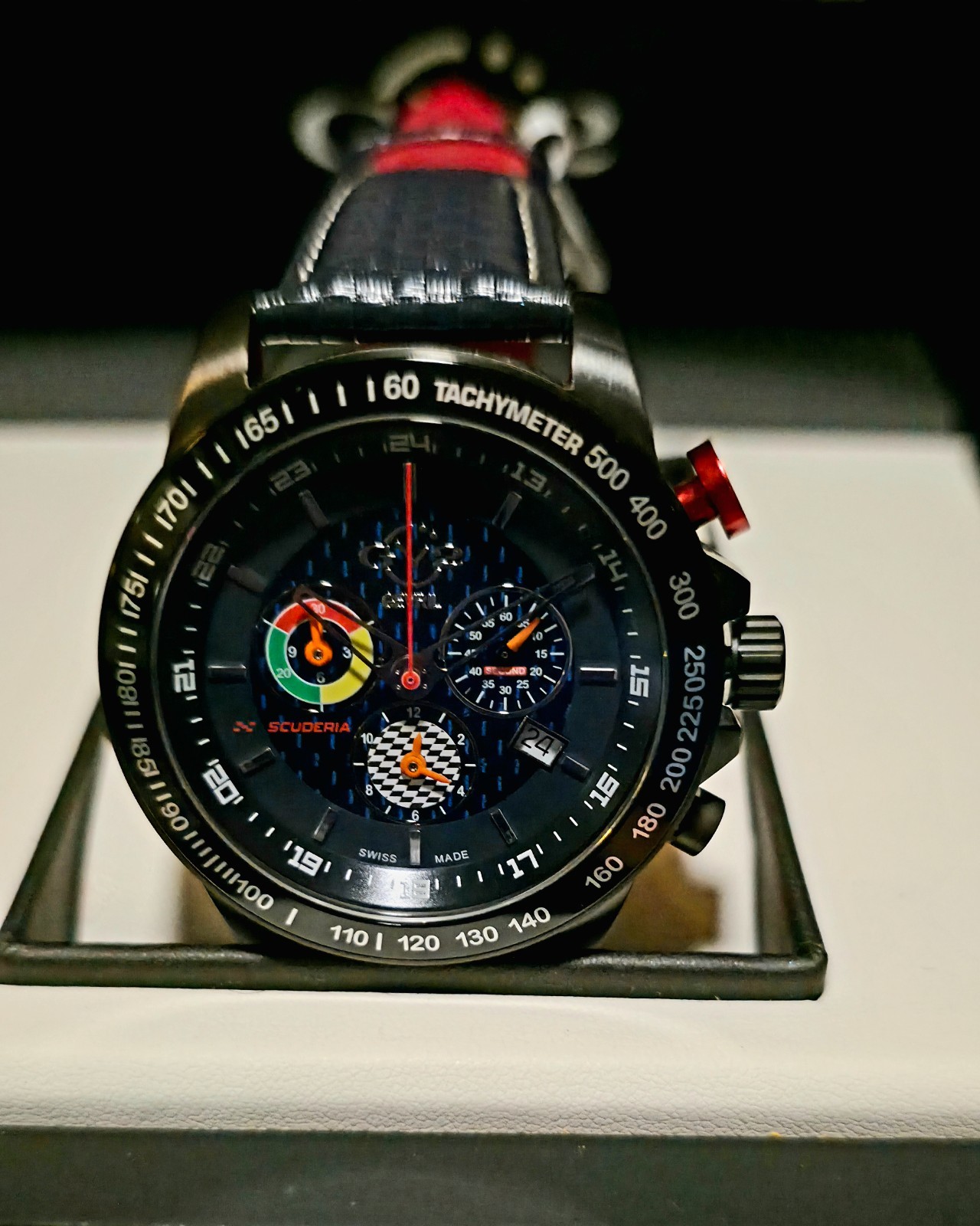 GEVRIL SCUDERIA SWISS MADE ⌚ TACHOMETER SAPPHIRE CRYSTAL CARBON FIBER BLUE ALARM