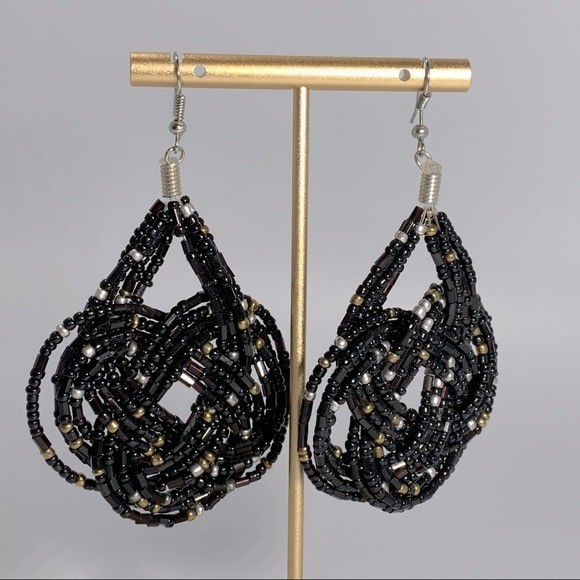 Woven Black Silver Gold Seed Bead Earrings Boho Artsy Bohemian Gypsy Whimsigoth