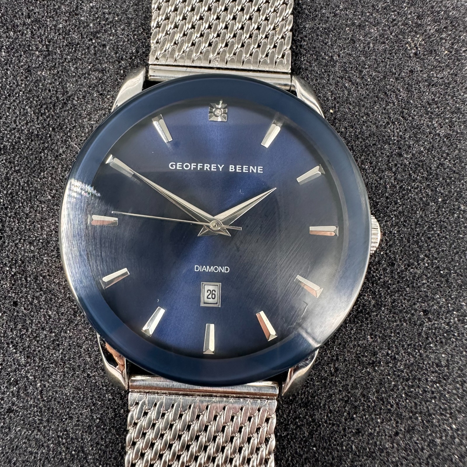 Geoffrey Beene Watch Men Silver Tone Blue Date Window Round New Battery