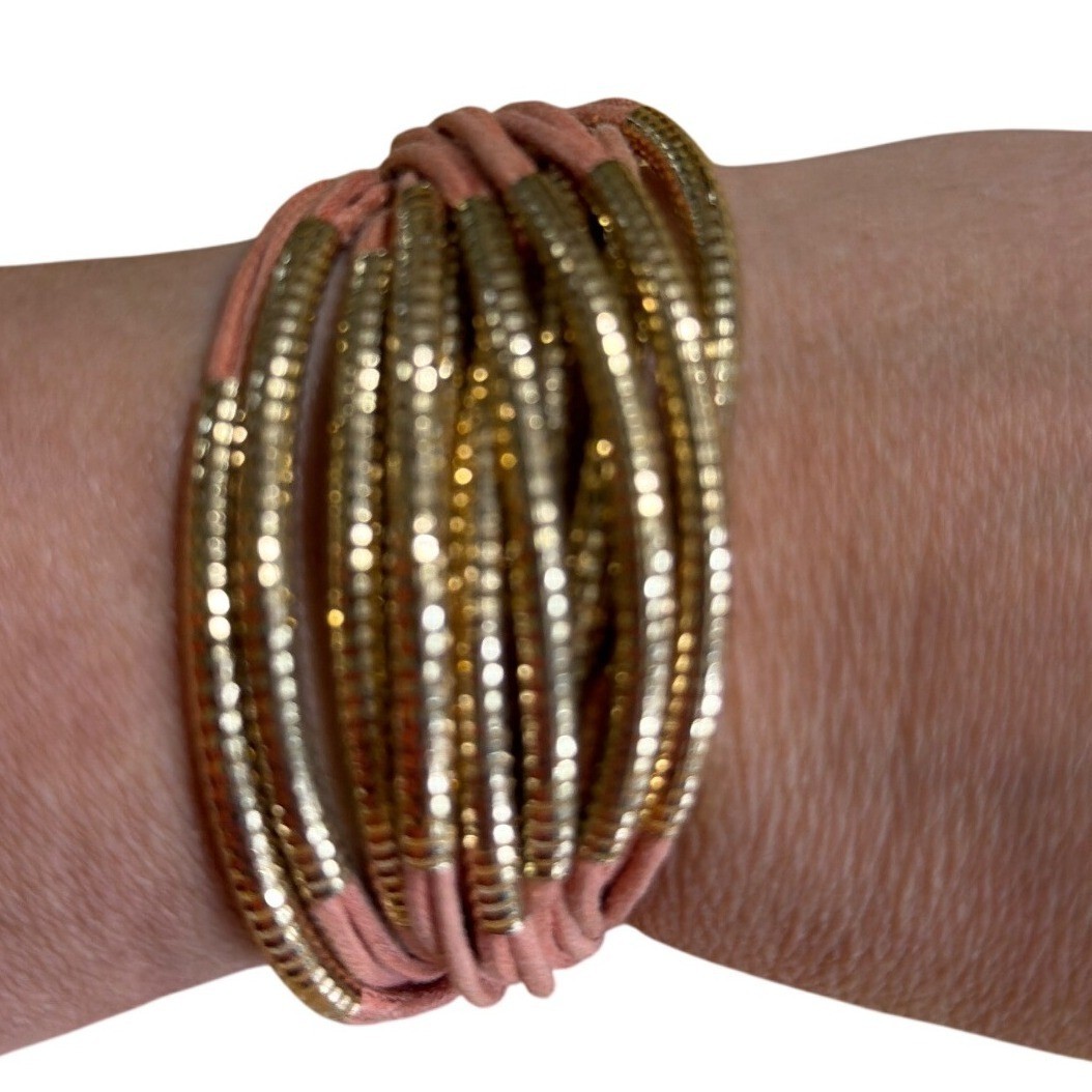 Multi Strand Peach Cord and Gold Tone Metallic Tube Wrap Bracelet Statement