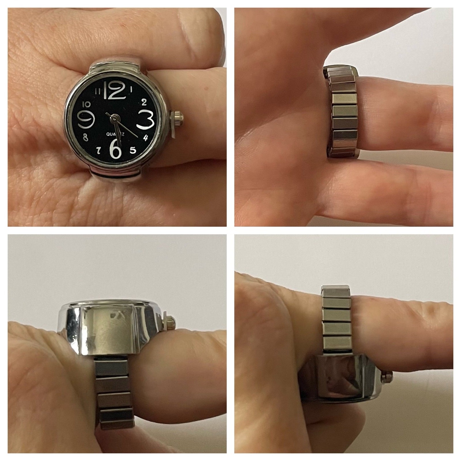 Retro Silver with Black Stainless Steel Stretch Band Quartz Movement Ring Watch