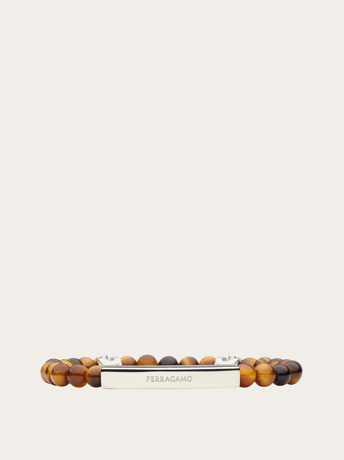 Ferragamo Mens Semi-Precious Tiger Eye Stones Logo Stretch Bracelet 19 NEW