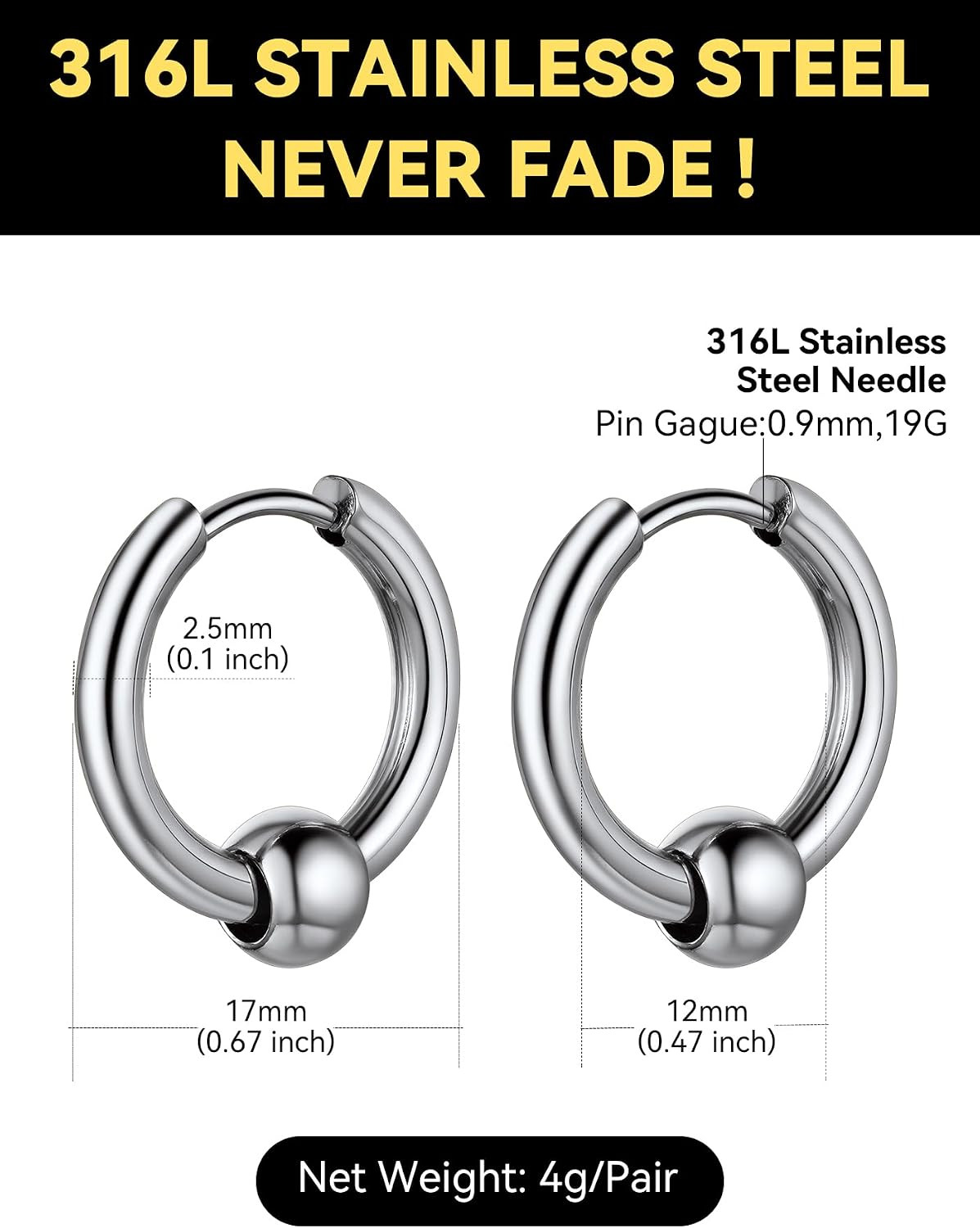 Stud Earrings for Men Women,316L Stainless Steel/14K Gold/Black Plated Metal, Pu