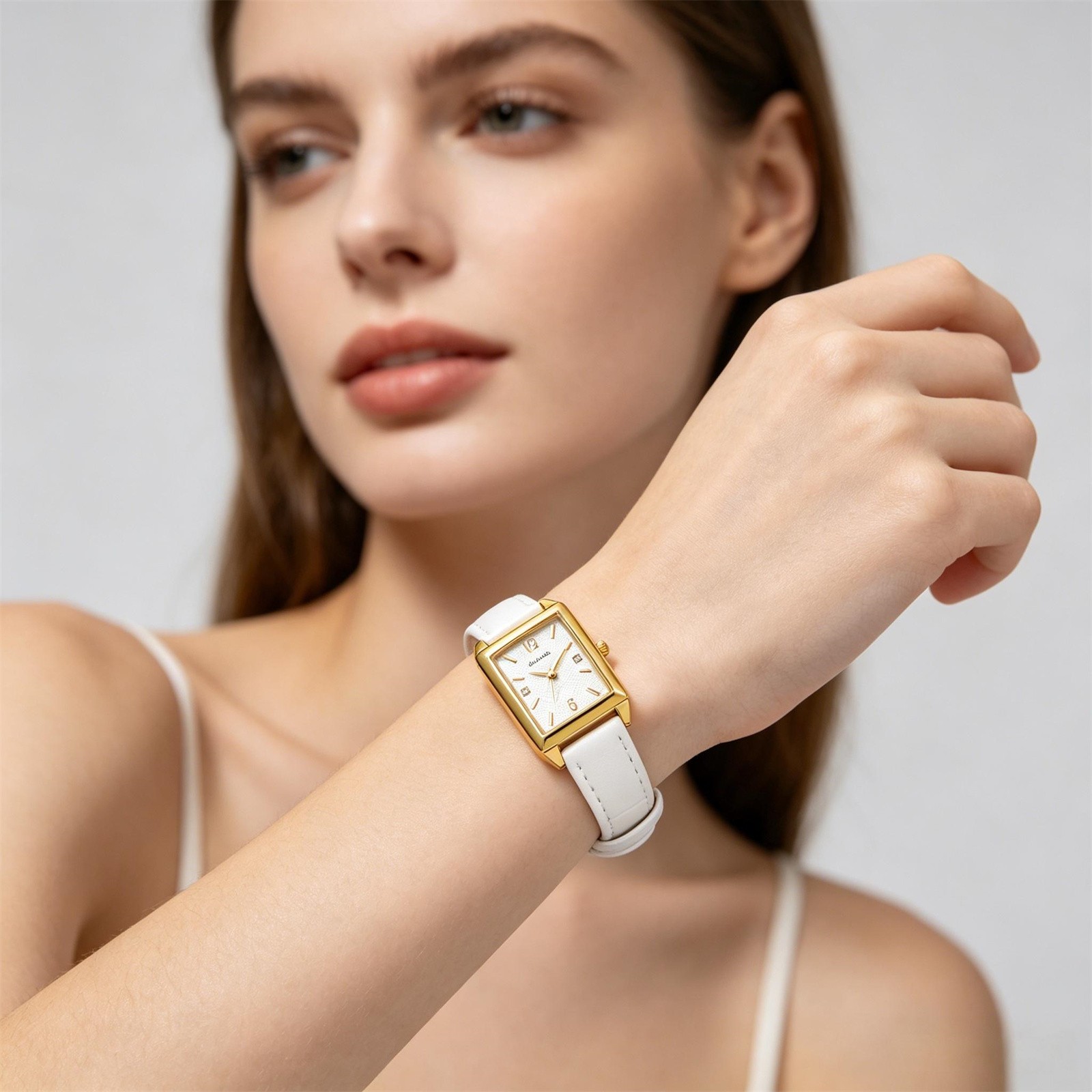 Women Business Rectangle Rhinestone PU Leather Band Wrist Watch for Daily Office