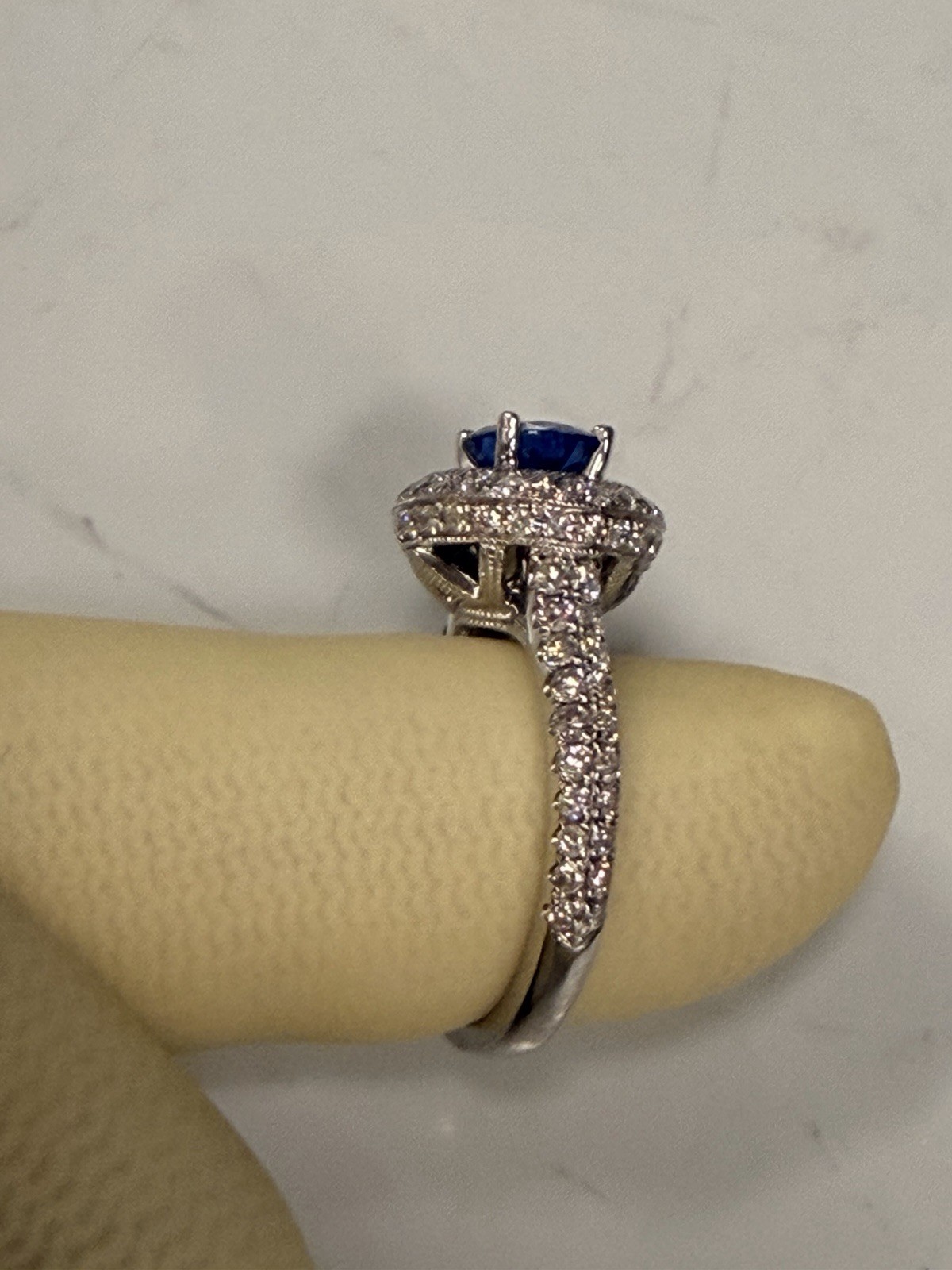 Neil Lane Sapphire and CZ 14k White Gold Ring. Halo Design, Size 5
