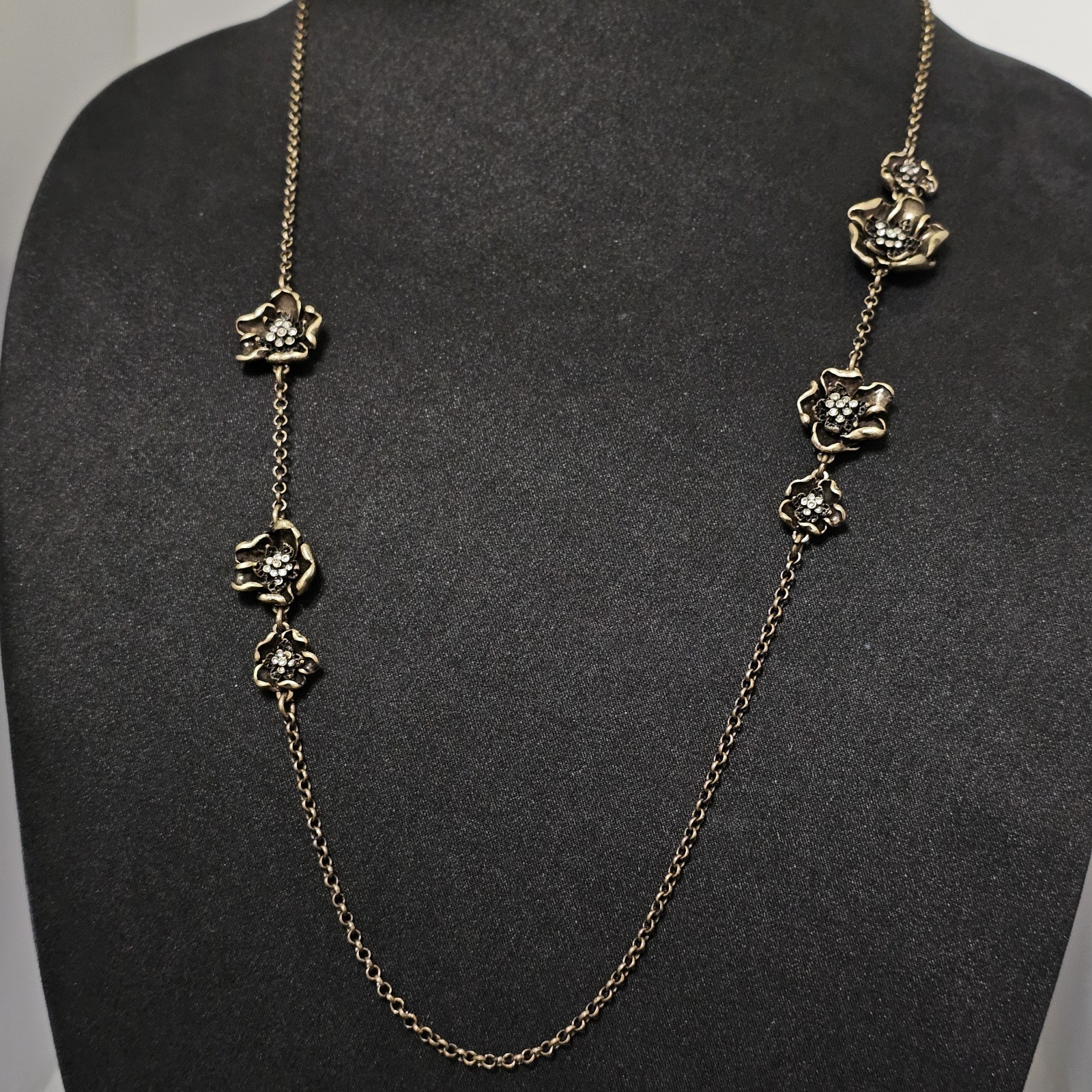 Ann Taylor Long Station Necklace Bronze Gold Floral Rhinestone Flower Chain NWT