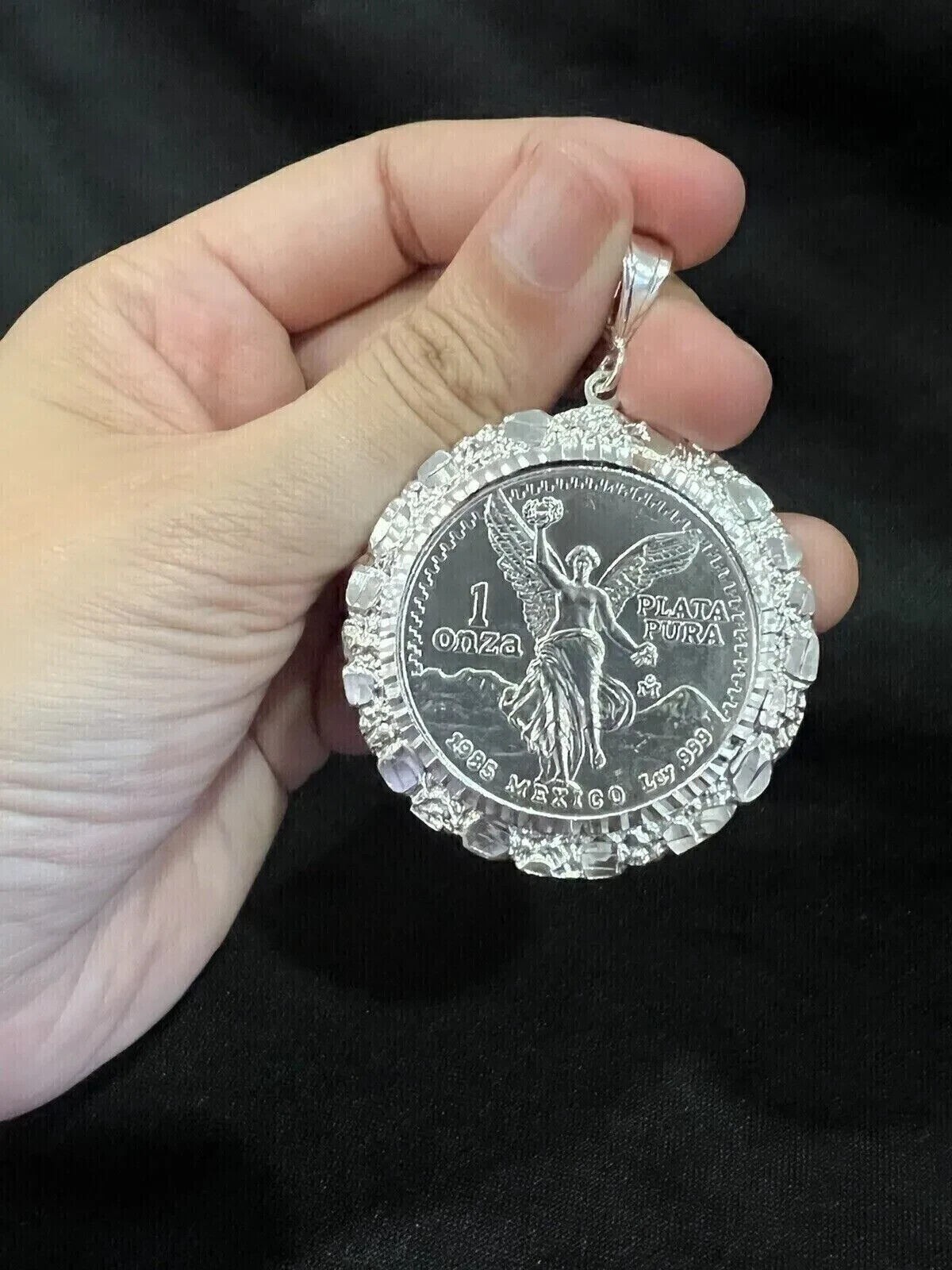 Sterling Silver Nugget CENTENARIO Shape Unisex Pendant 14K White Gold Plated