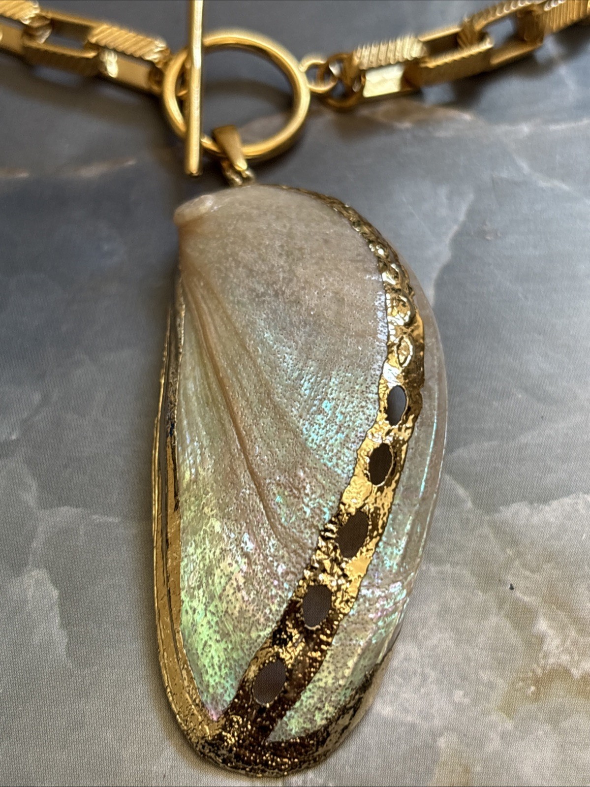 Boutique Gold Plated Chain Dipped Toggle Necklace With Iridescent Shell Pendant