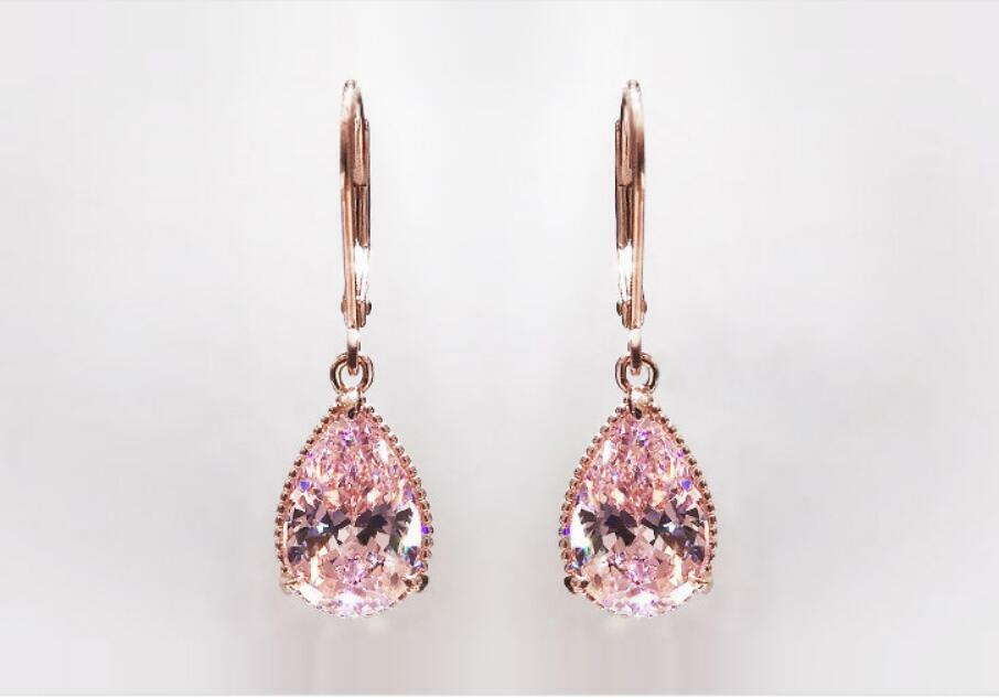 Water Drop Rose Gold Pave Pink Cubic Zirconia Stud Drop Dangle Hoop Earrings