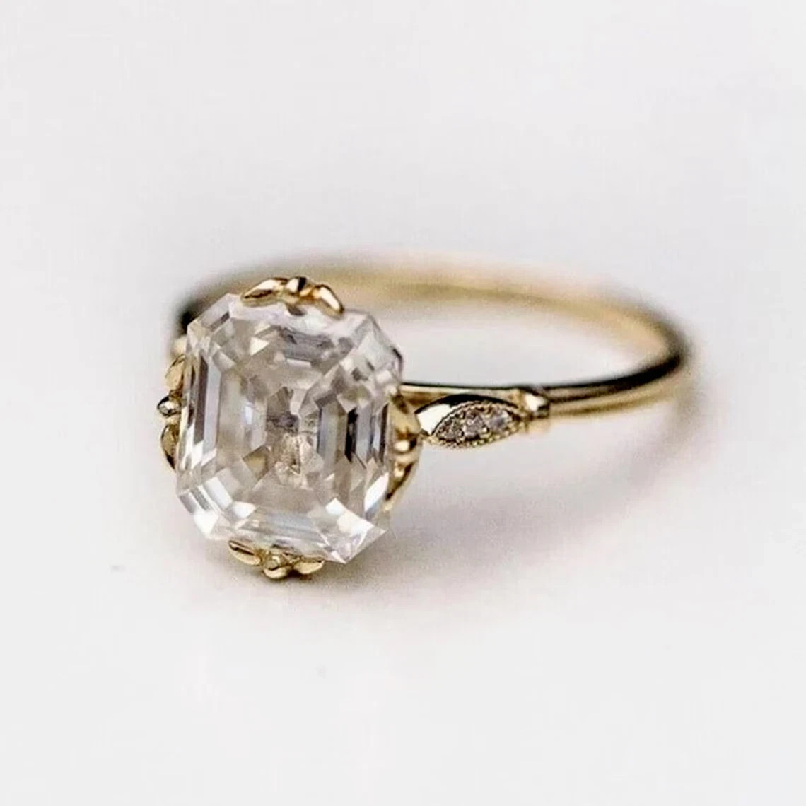 4Ct Art Deco Style Asscher Cut Moissanite Engagement 14K Gold Finish Ring