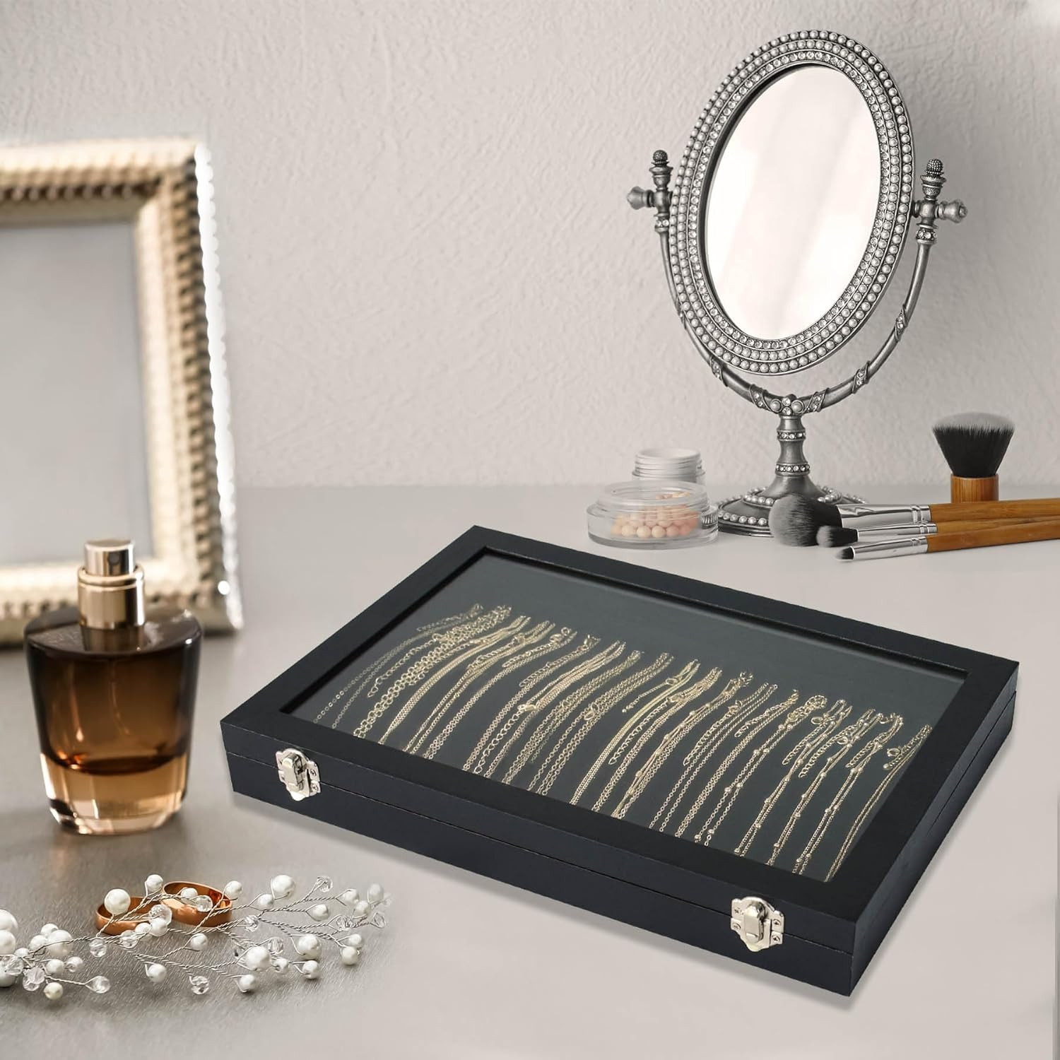 Necklace Organizer Box with Clear Lid Velvet Tray for Jewelry Storage Display Ca