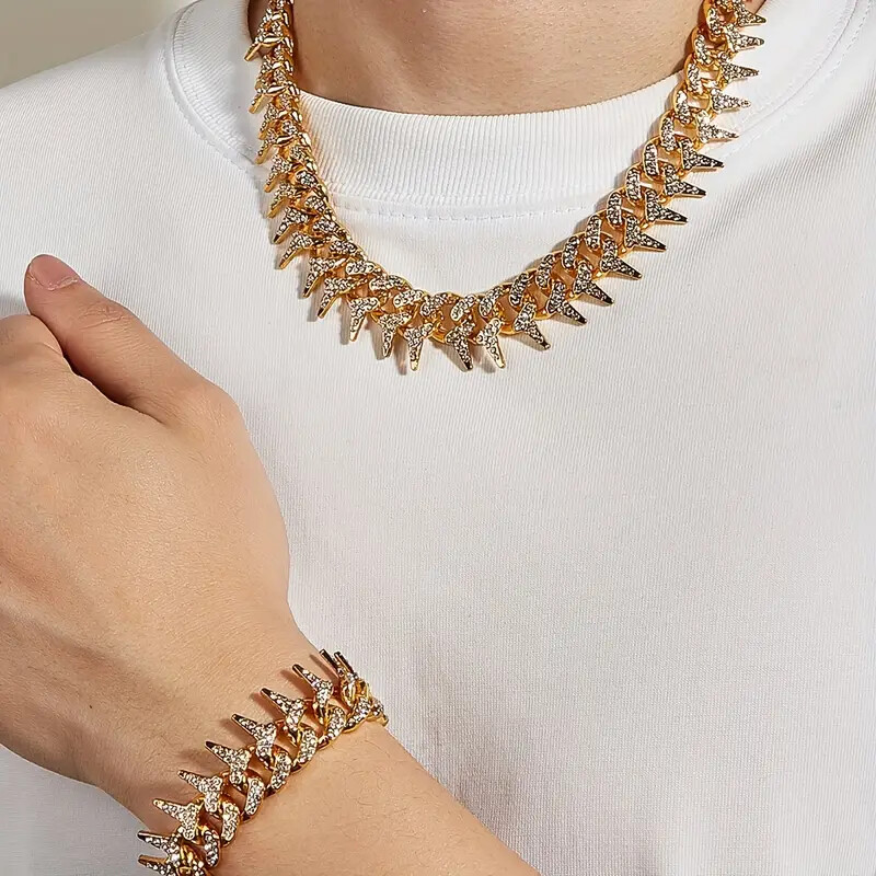 HIP HOP JEWELRY CUBIC ZIRCONIA ICED SPIKE CHAIN BLING BRACELET & NECKLACE SET