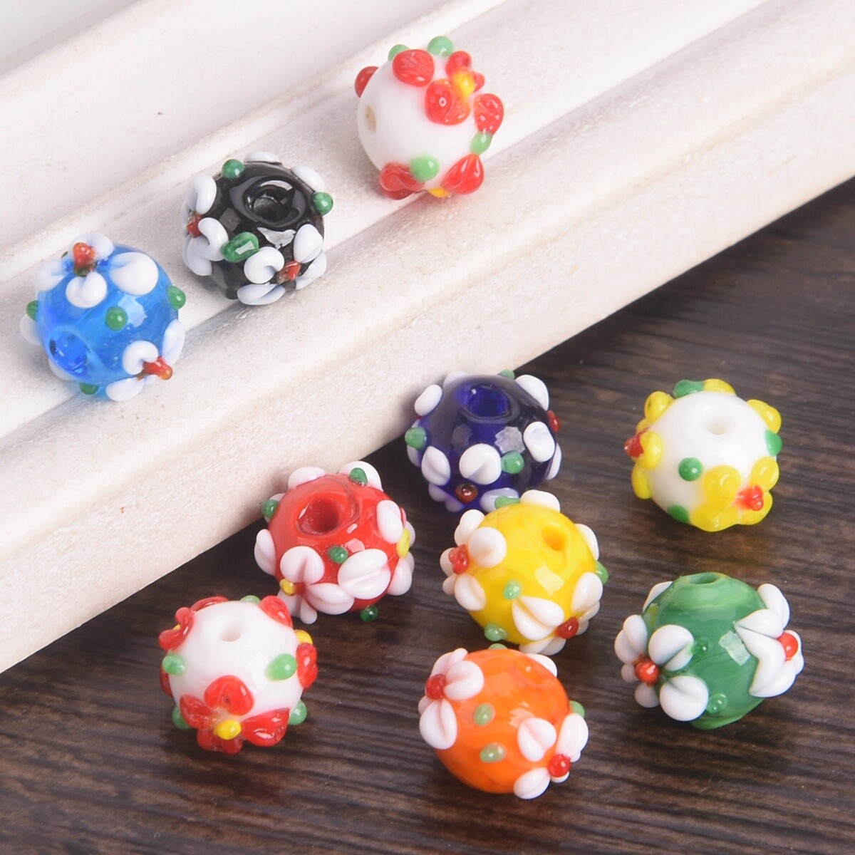 10pcs Handmade Lampwork Glass Flower Round 10mm Loose Beads DIY Jewelry Findings