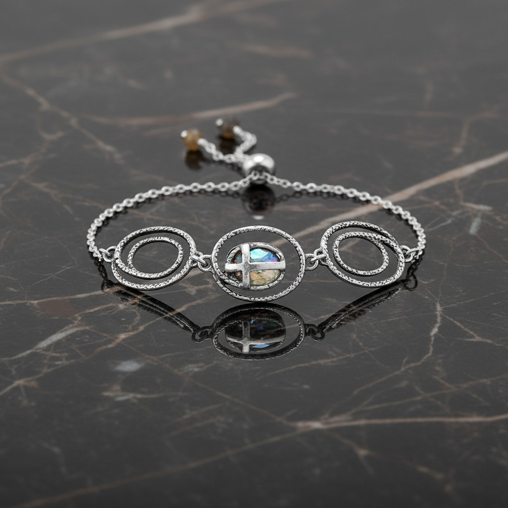 Roman Glass Cross Bolo Bracelet Oxidized 925 Silver Labradorite Adjustable 9in