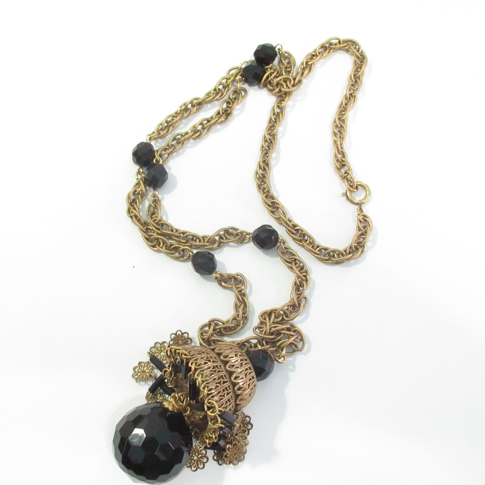 Long Vintage Necklace Bell Style Brass Pendant Black Glass Ball