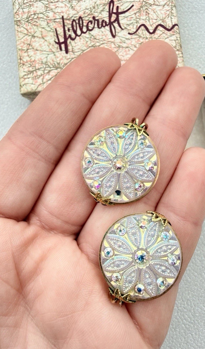 Vintage Hillcraft Gold Tone Slide-on Earrings W White Opalescent Glass AB Stones