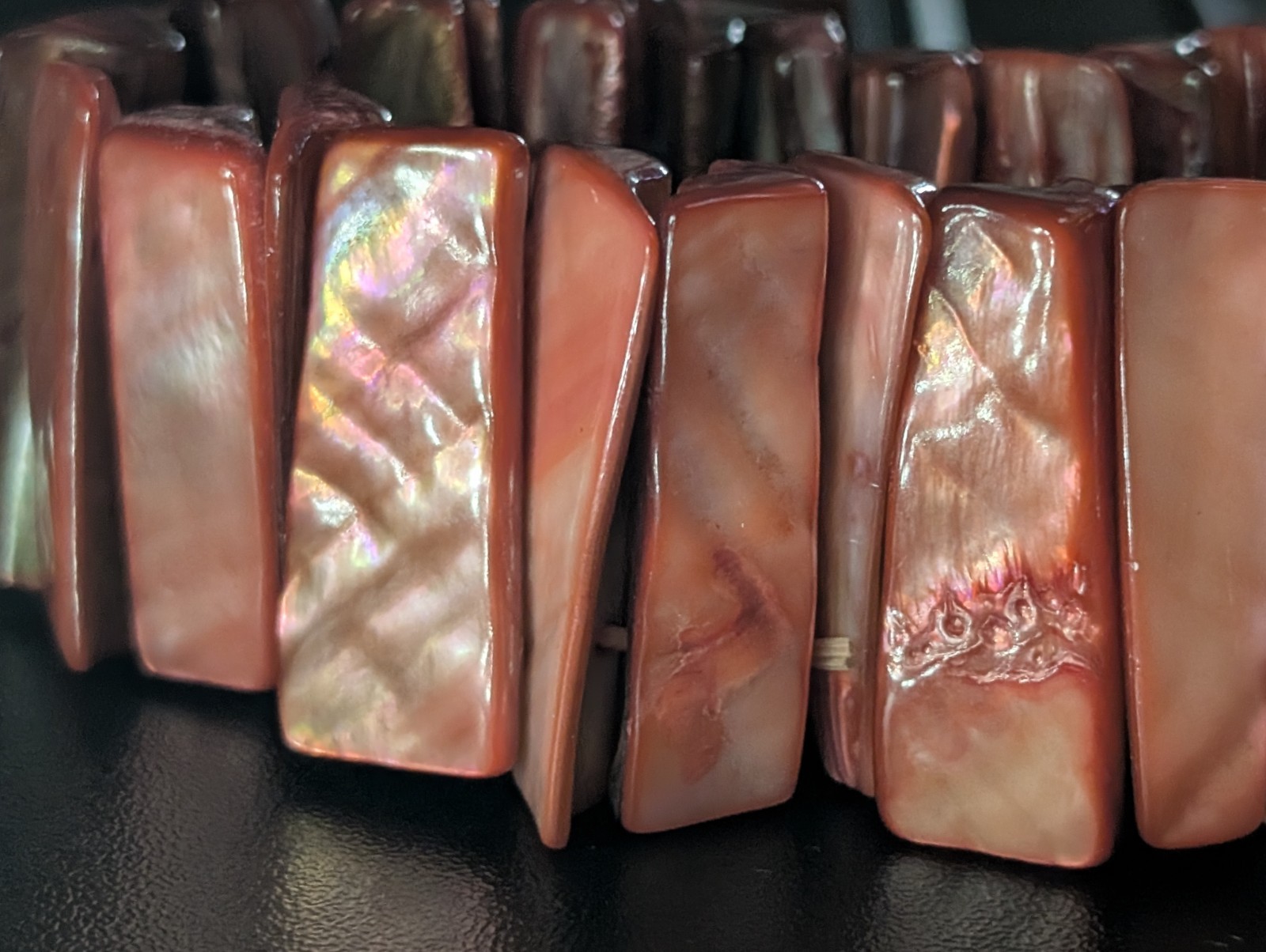 Boho Mother-of-Pearl Shard Braclet, Dyed,Salmon,Wide Cuff Stretch,Island Vibe