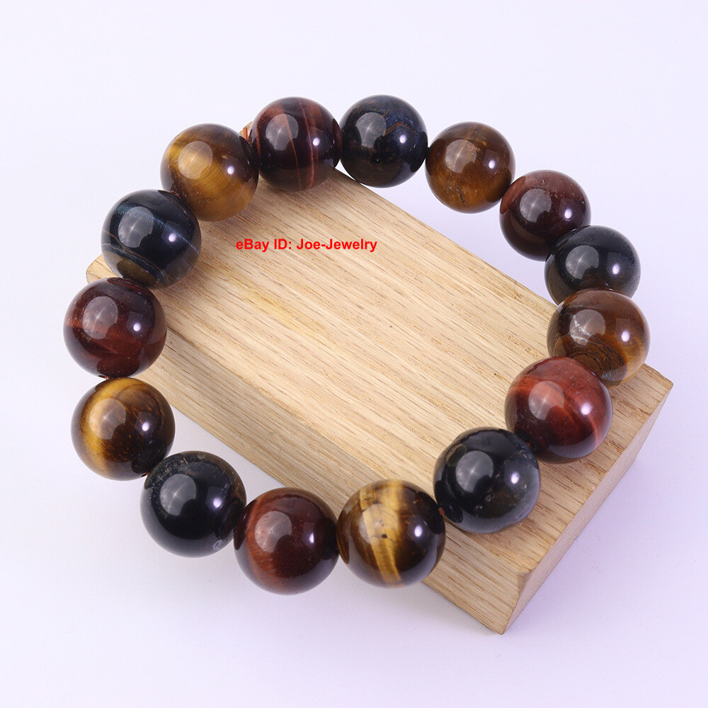 Natural Brown Tiger’s Eye 14mm Round Bead Handmade Bracelet Fit Wrist 6.88inch