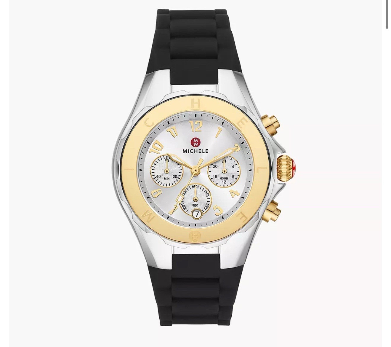 MICHELE Jelly Bean Womens Chronograph Watch Two Tone Gold Silver, Black Silicone