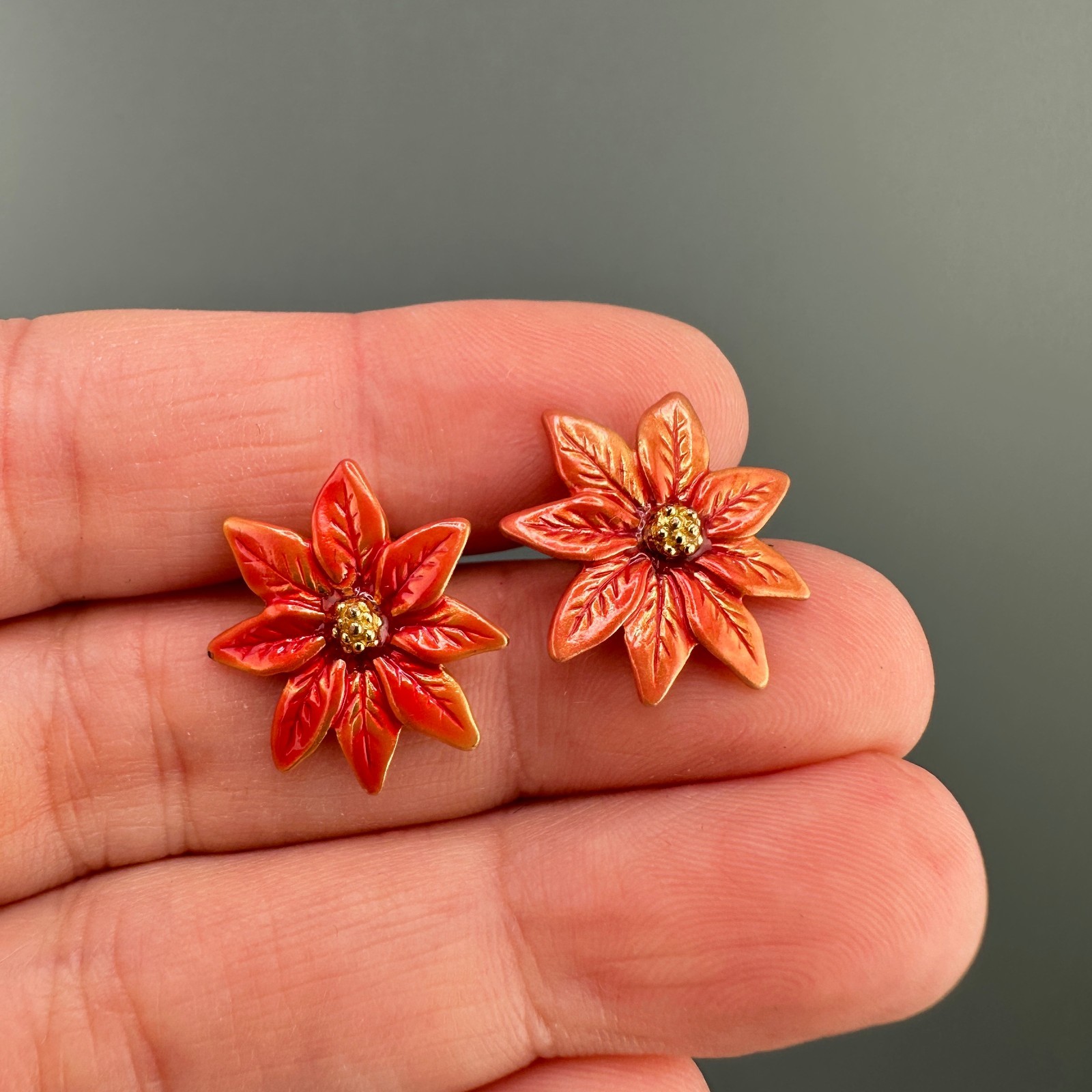 Vintage Enamel Stud Earrings Lot Signed Poinsettias Shamrocks USA Hearts Holiday